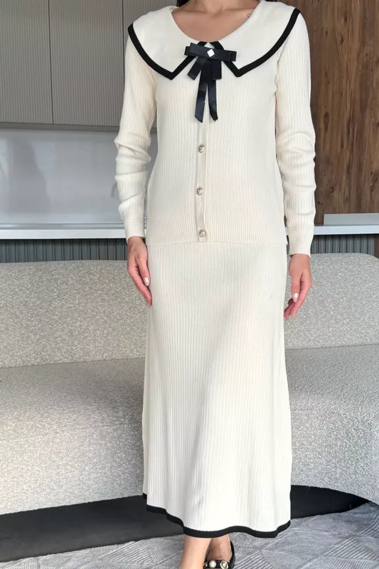 Bebe Yaka Hırka Görünümlü Bluz Etek Triko İkili Takım