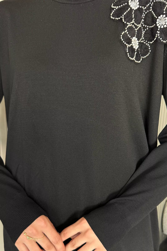 Bisiklet Yaka Çiçek Figürlü Tesettür Triko Tunik