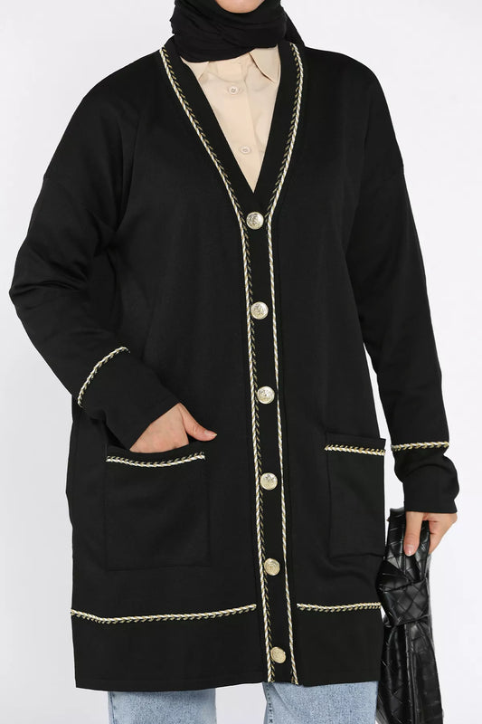 Cepli Düğme Detaylı Tesettür Triko Hırka