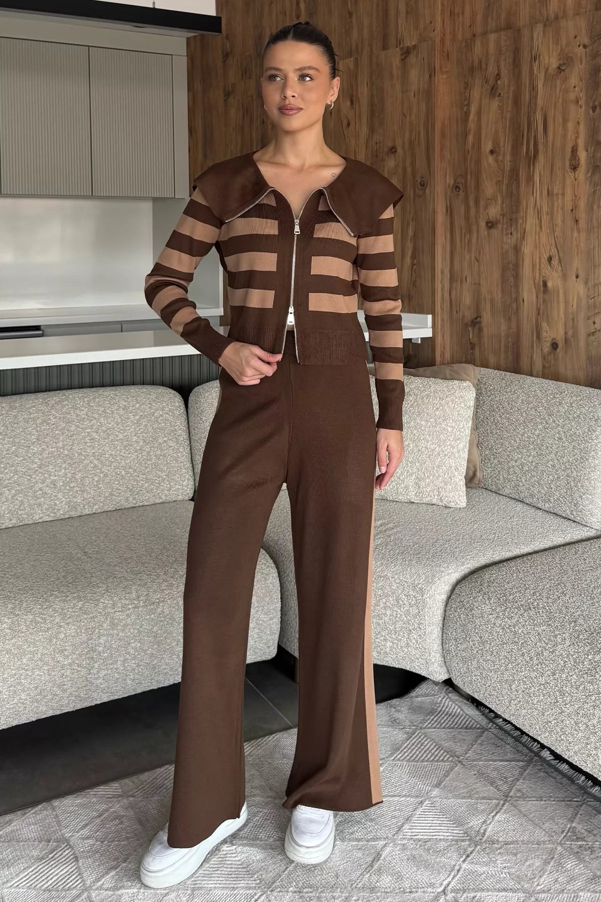 Kadın Şerit Desenli Triko Hırka Pantolon İkili Takım