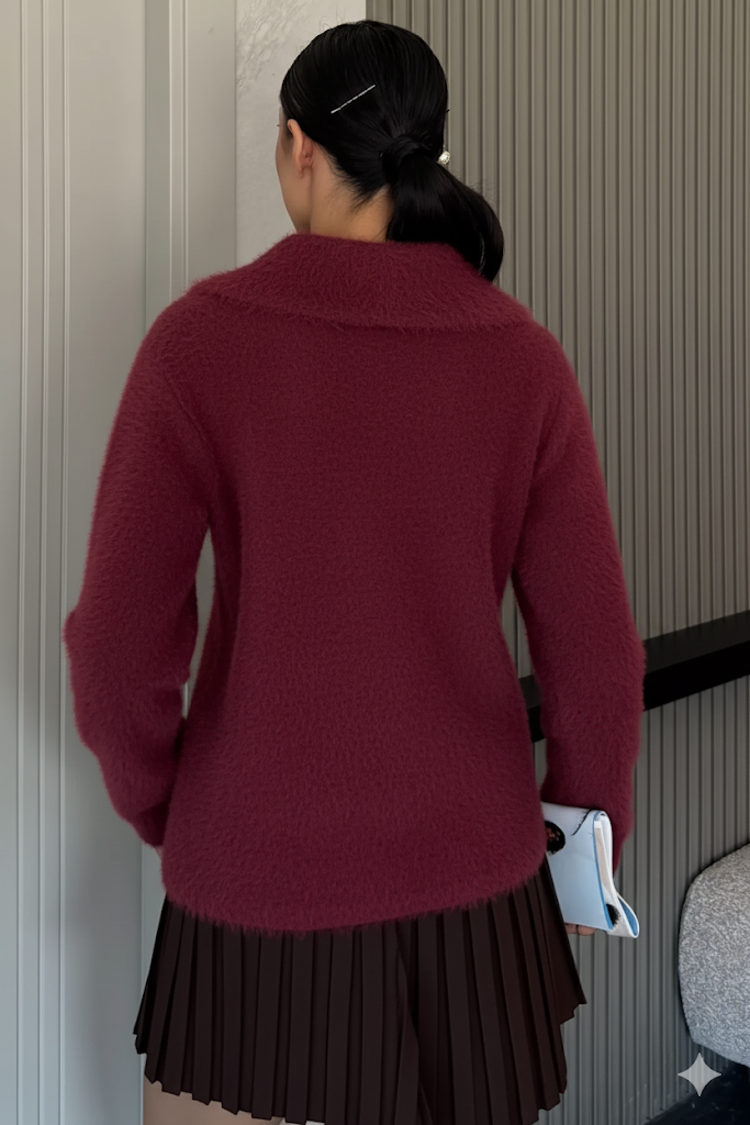 Kadın Peluş Yaka Çift Cepli Yumoş Triko Ceket