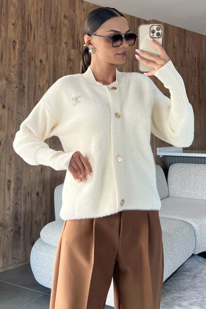 Broşlu Şardonlu Triko Ceket