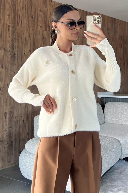 Broşlu Şardonlu Triko Ceket