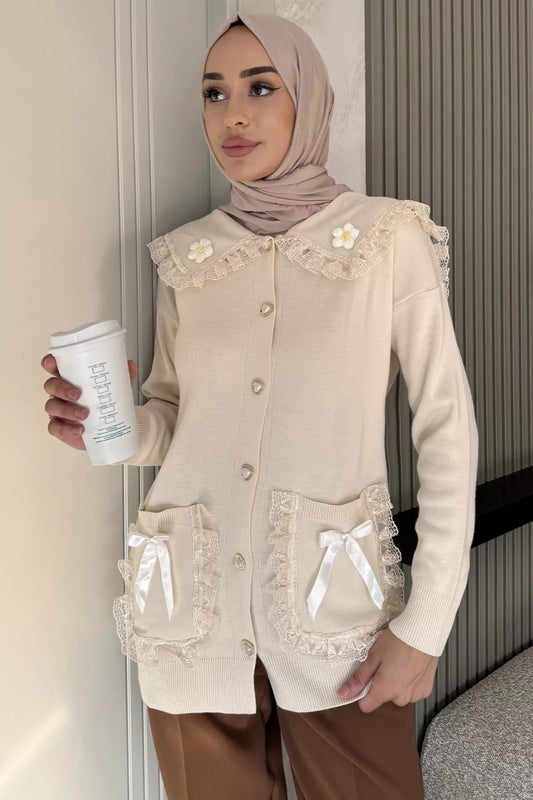 Papatya Figürlü Fistolu Tesettür Triko Hırka