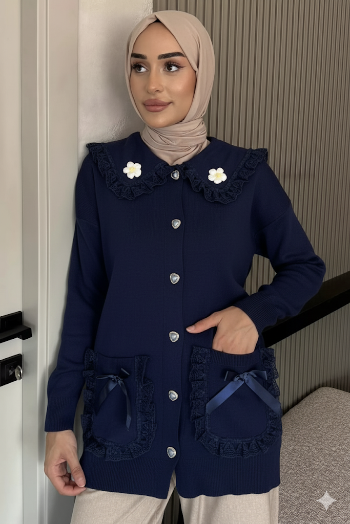 Papatya Figürlü Fistolu Tesettür Triko Hırka