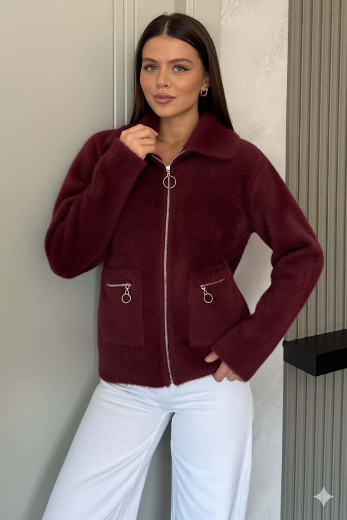 Kadın Peluş Yaka Çift Cepli Yumoş Triko Ceket