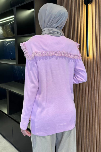 Papatya Figürlü Fistolu Tesettür Triko Hırka