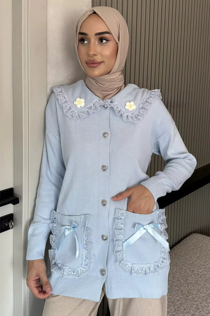 Papatya Figürlü Fistolu Tesettür Triko Hırka