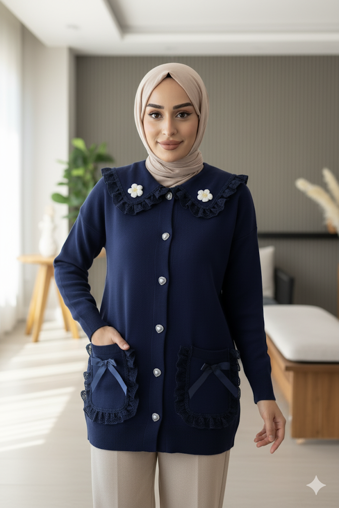 Papatya Figürlü Fistolu Tesettür Triko Hırka