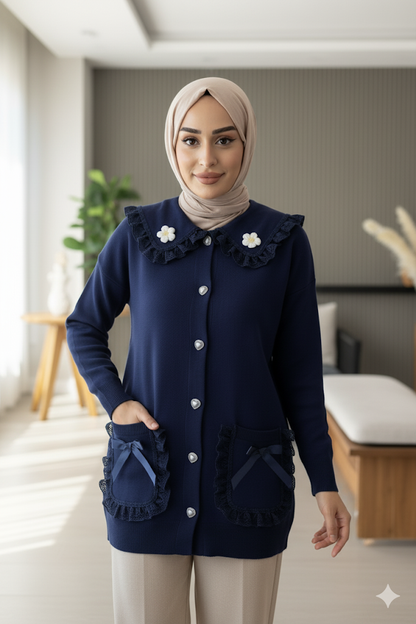 Papatya Figürlü Fistolu Tesettür Triko Hırka