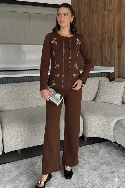 Kadın Taşlı Triko Hırka Pantolon İkili Takım