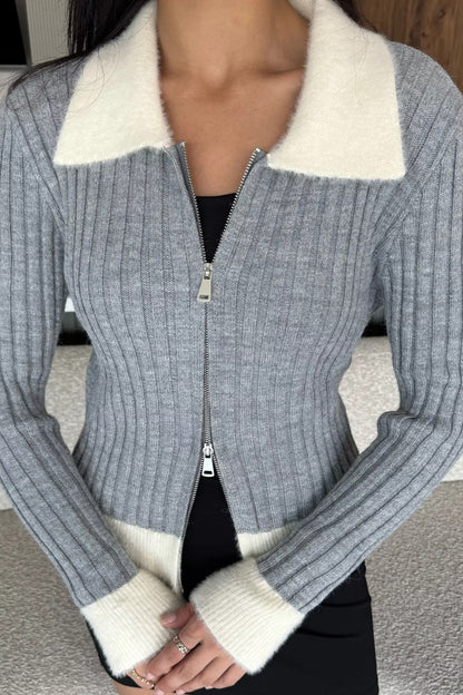 Gömlek Yaka Fermuarlı Triko Hırka