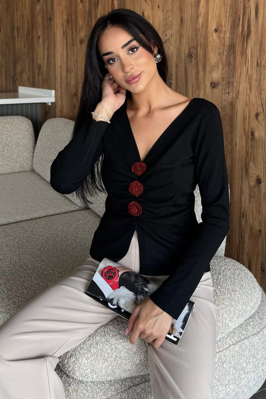 Ön Gül Detaylı Triko Bluz