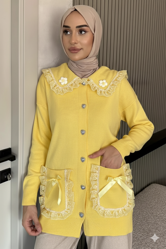 Papatya Figürlü Fistolu Tesettür Triko Hırka