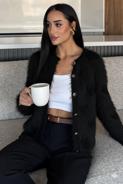 Kadın Ön Düğmeli Sakallı Triko Ceket