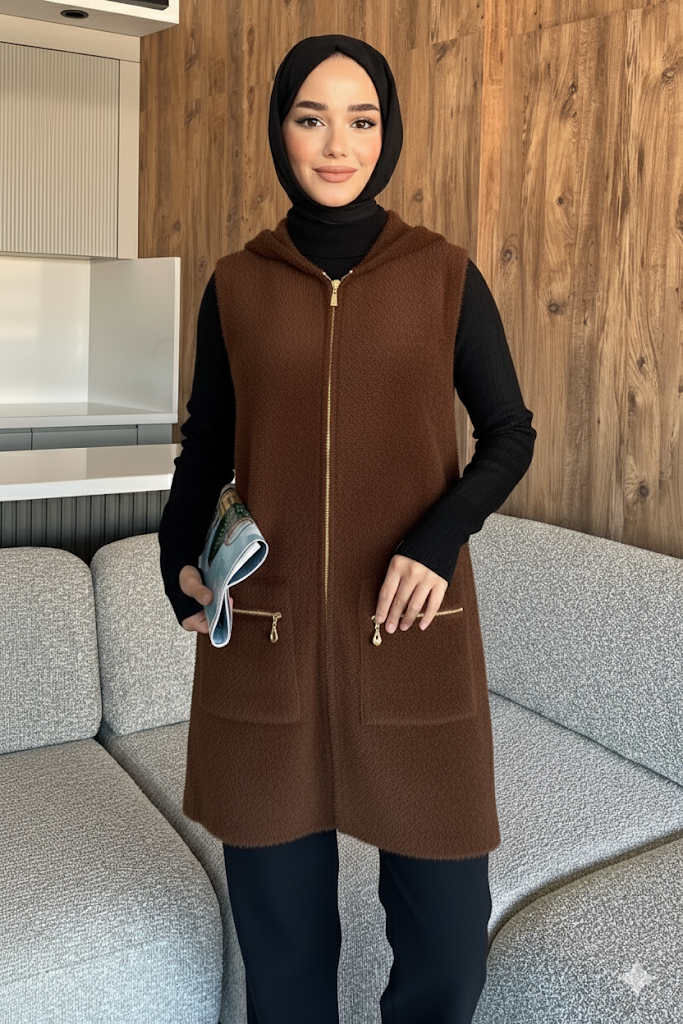 Kolsuz Fermuarlı Yumoş Tesettür Triko Yelek