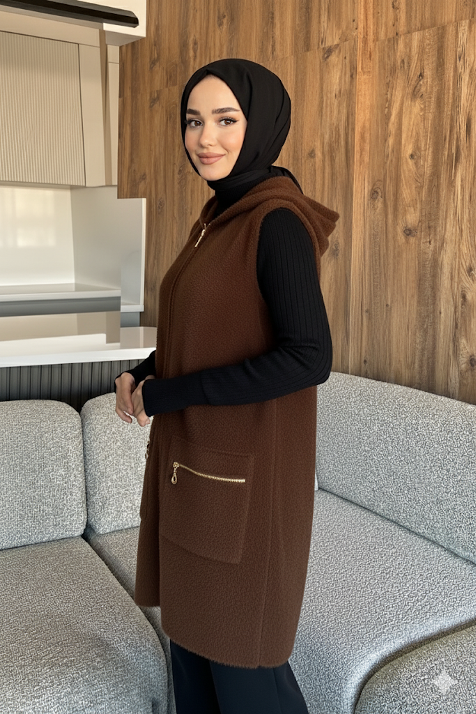 Kolsuz Fermuarlı Yumoş Tesettür Triko Yelek