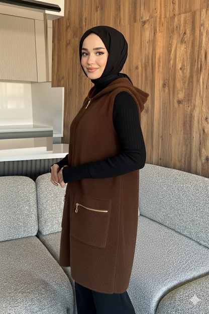Kolsuz Fermuarlı Yumoş Tesettür Triko Yelek