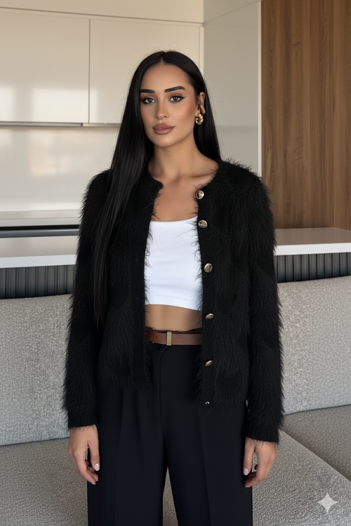 Kadın Ön Düğmeli Sakallı Triko Ceket