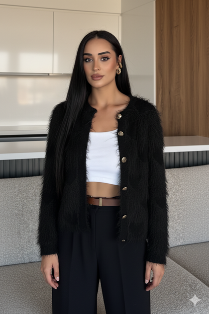 Kadın Ön Düğmeli Sakallı Triko Ceket