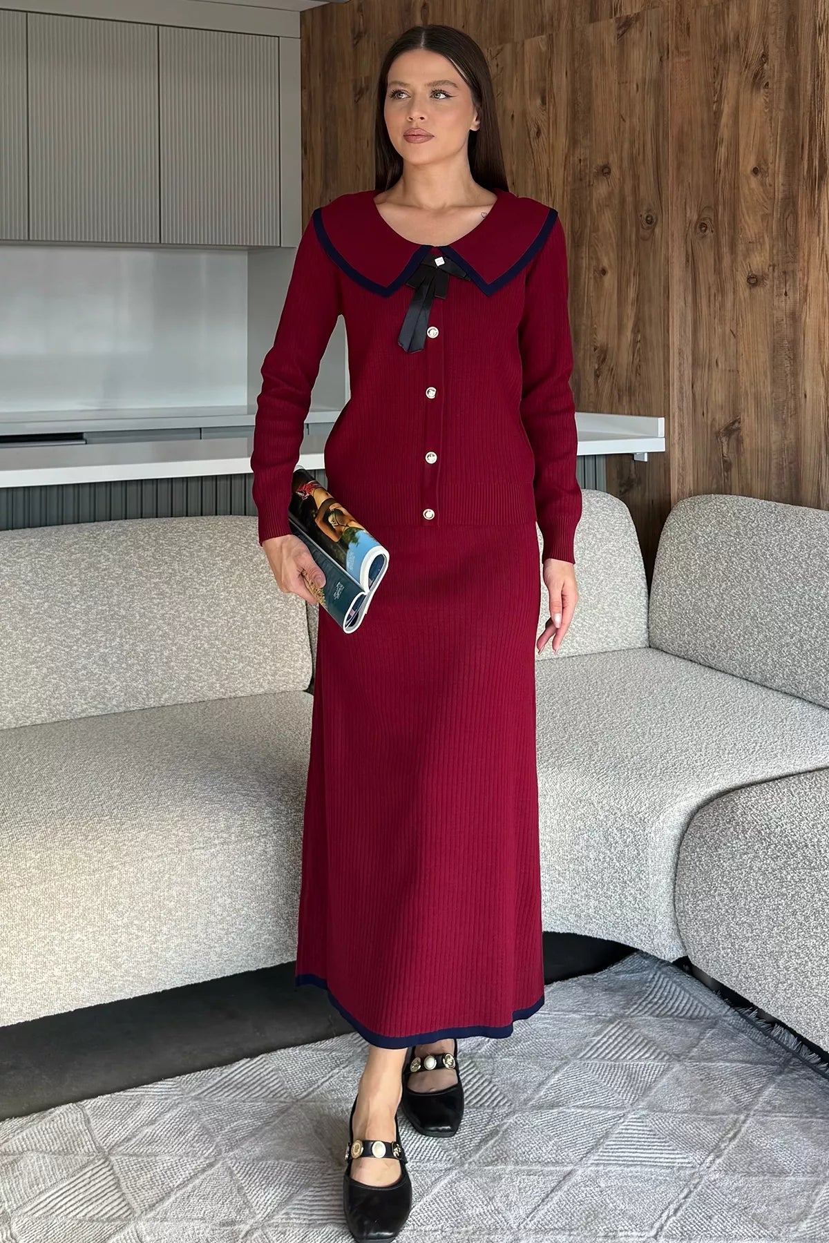 Bebe Yaka Hırka Görünümlü Bluz Etek Triko İkili Takım