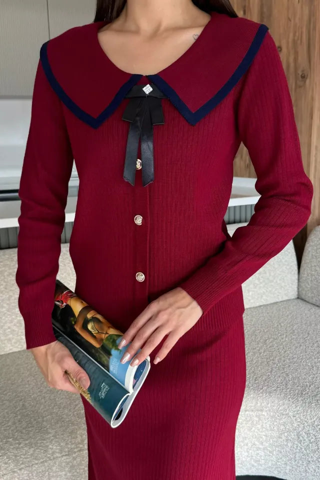 Bebe Yaka Hırka Görünümlü Bluz Etek Triko İkili Takım