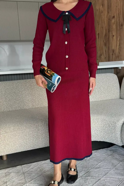 Bebe Yaka Hırka Görünümlü Bluz Etek Triko İkili Takım