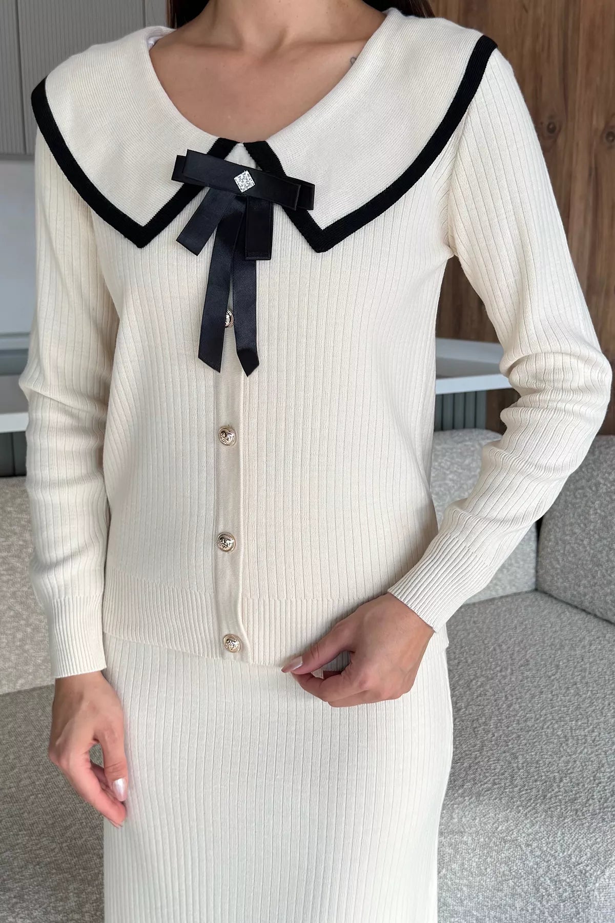 Bebe Yaka Hırka Görünümlü Bluz Etek Triko İkili Takım