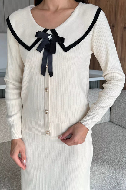 Bebe Yaka Hırka Görünümlü Bluz Etek Triko İkili Takım