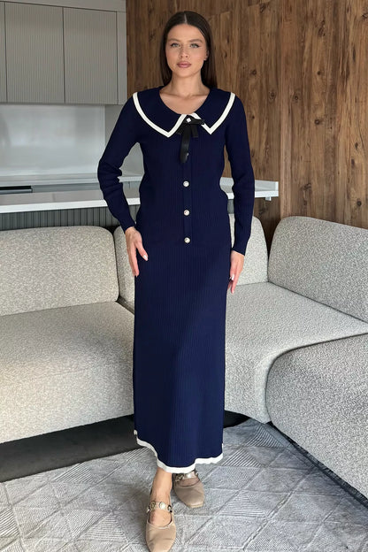 Bebe Yaka Hırka Görünümlü Bluz Etek Triko İkili Takım