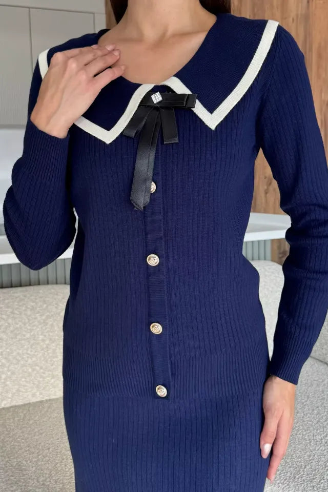 Bebe Yaka Hırka Görünümlü Bluz Etek Triko İkili Takım