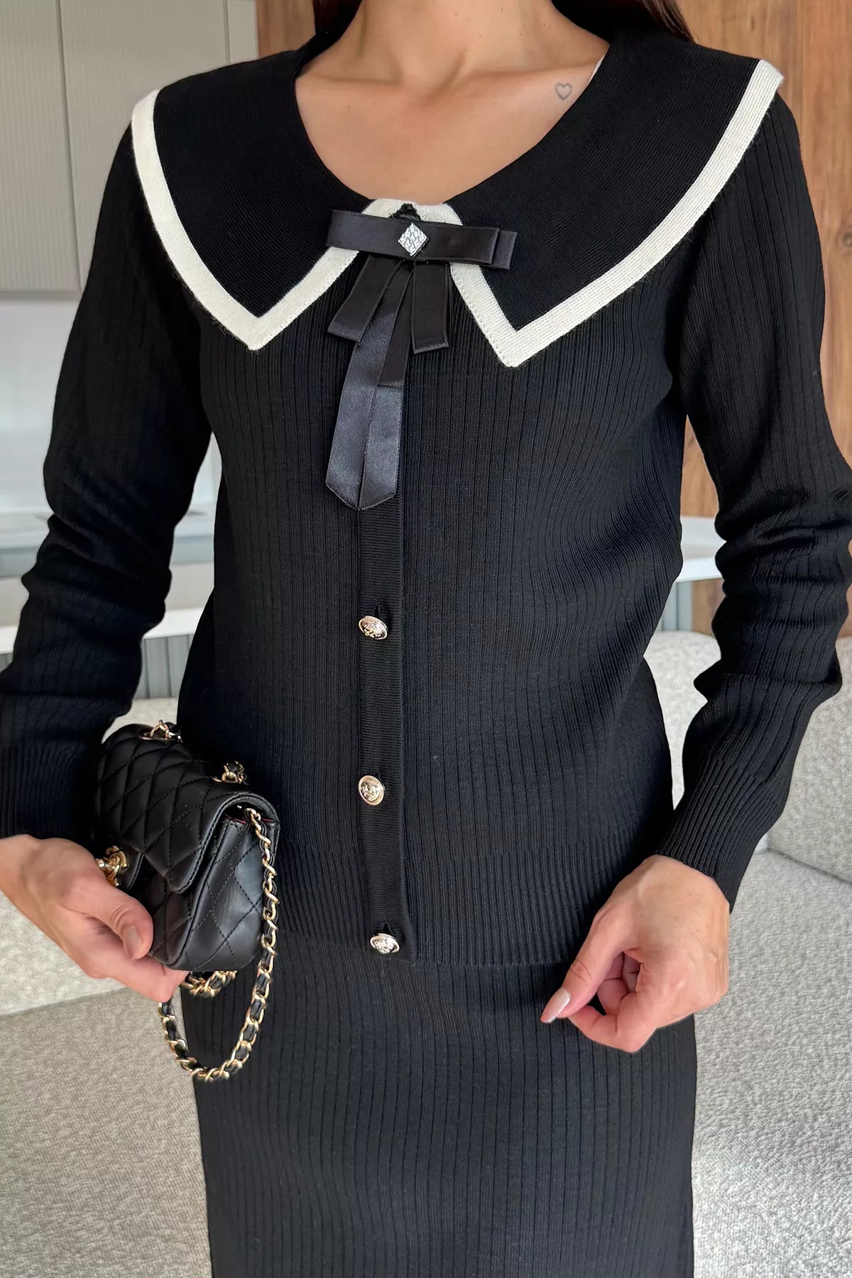 Bebe Yaka Hırka Görünümlü Bluz Etek Triko İkili Takım