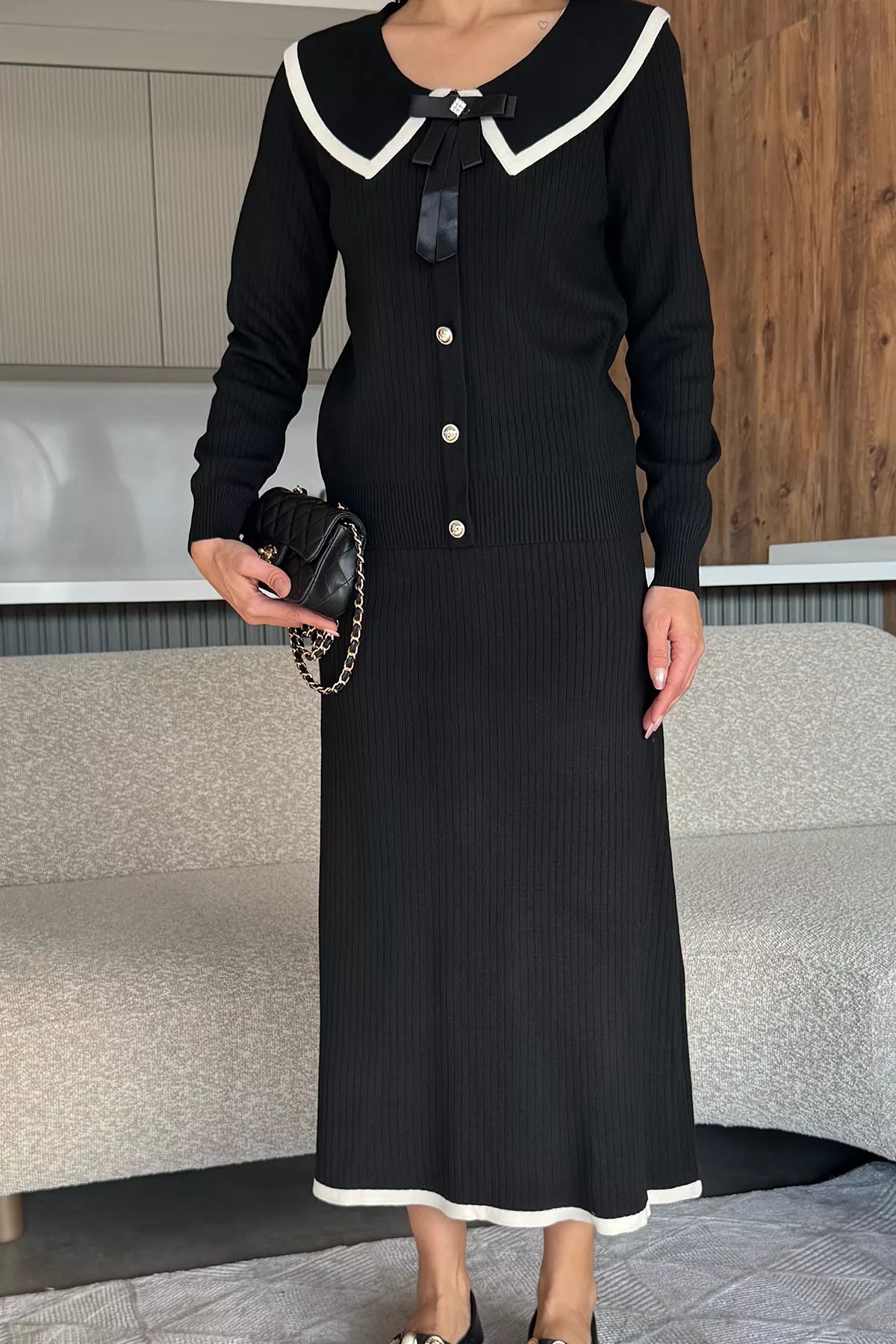 Bebe Yaka Hırka Görünümlü Bluz Etek Triko İkili Takım