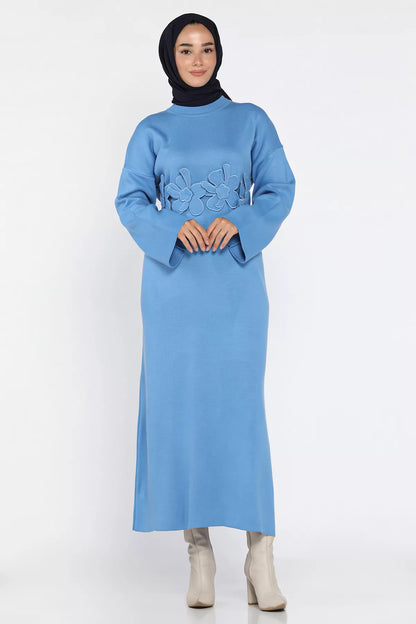 Bisiklet Yaka Çiçek Figürlü Tesettür Triko Elbise