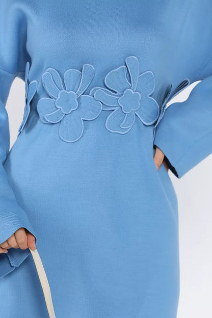 Bisiklet Yaka Çiçek Figürlü Tesettür Triko Elbise