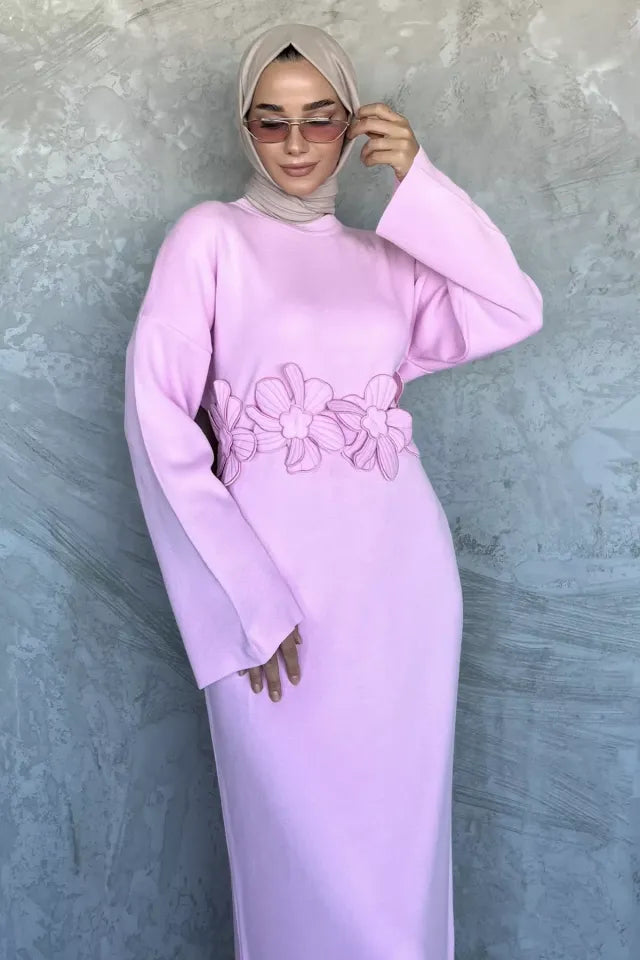 Bisiklet Yaka Çiçek Figürlü Tesettür Triko Elbise