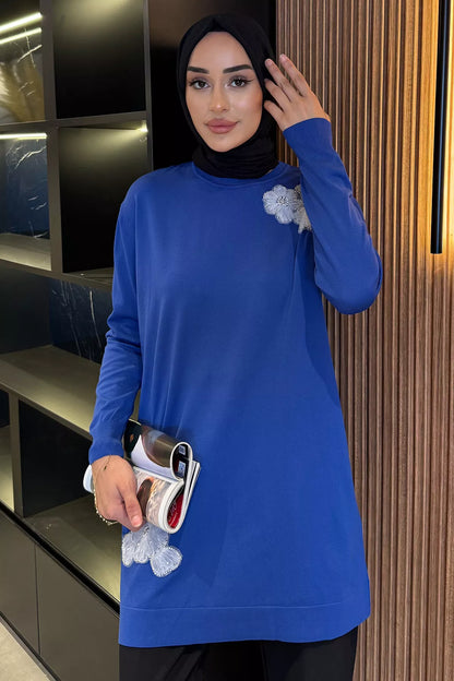 Bisiklet Yaka Çiçek Figürlü Tesettür Triko Tunik