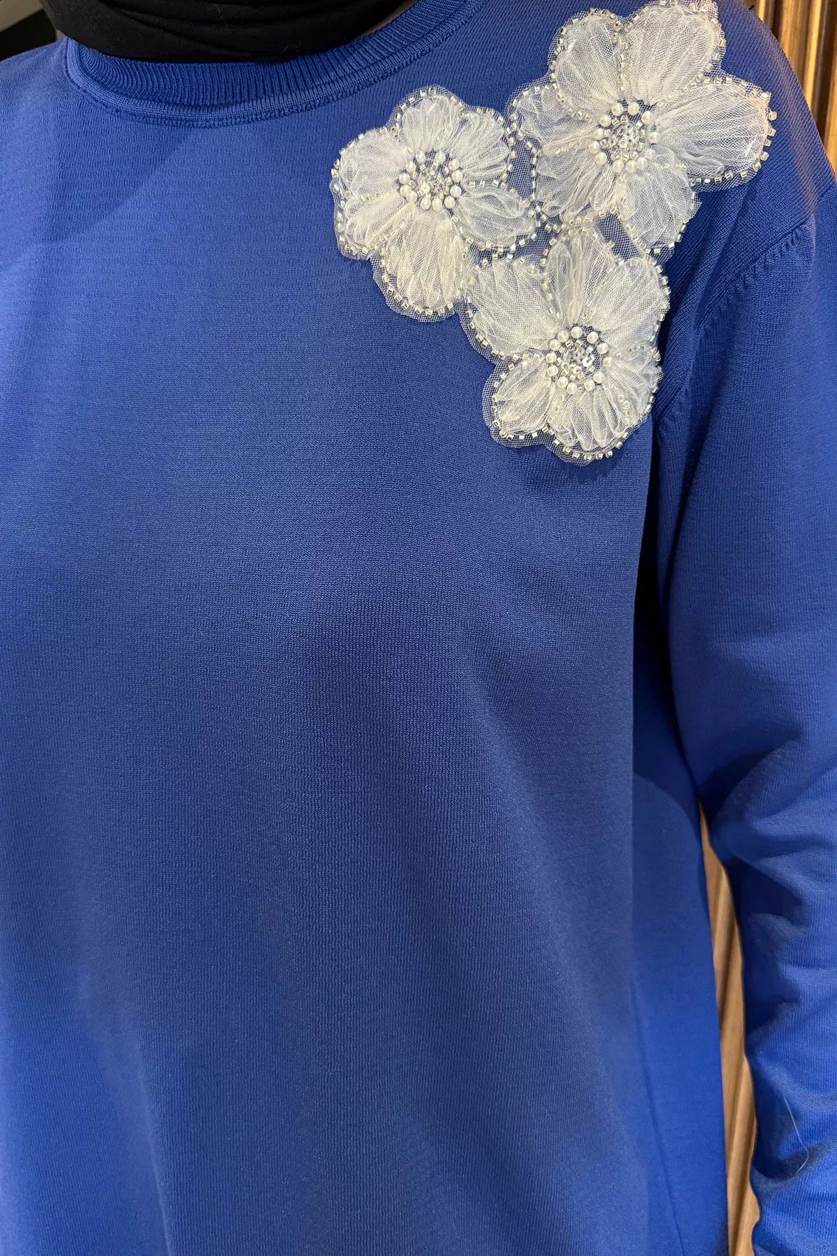 Bisiklet Yaka Çiçek Figürlü Tesettür Triko Tunik