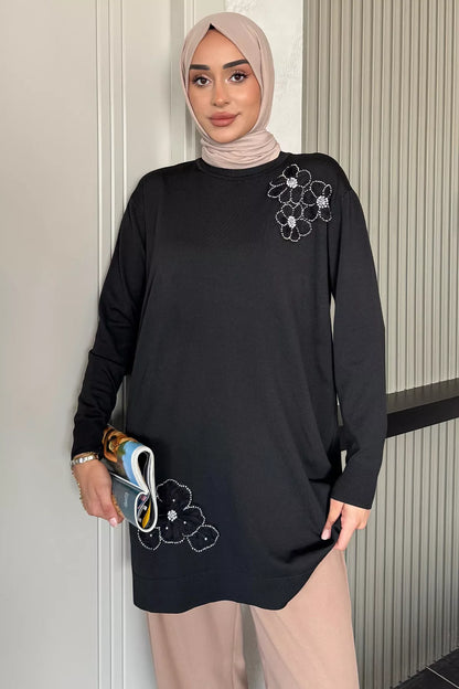 Bisiklet Yaka Çiçek Figürlü Tesettür Triko Tunik
