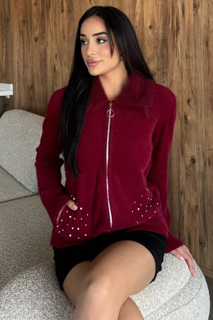 Cep Boncuklu Şardonlu Triko Ceket