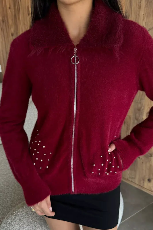 Cep Boncuklu Şardonlu Triko Ceket