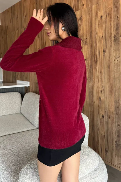 Cep Boncuklu Şardonlu Triko Ceket