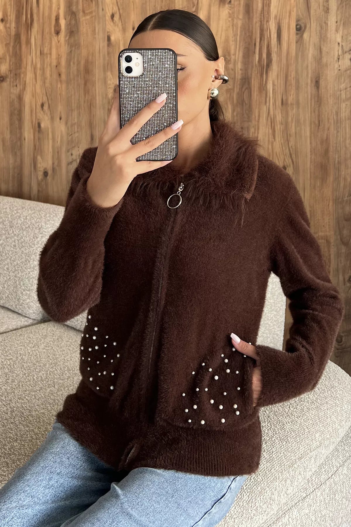 Cep Boncuklu Şardonlu Triko Ceket