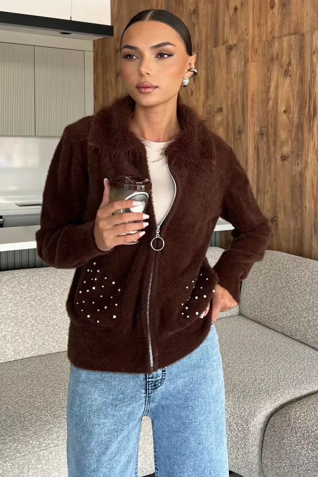 Cep Boncuklu Şardonlu Triko Ceket