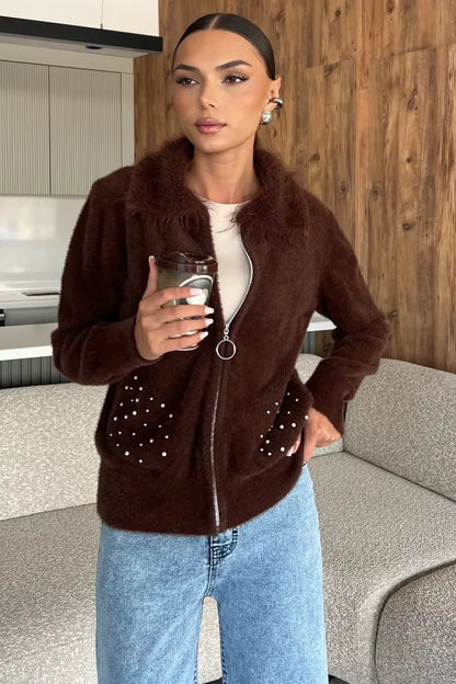 Cep Boncuklu Şardonlu Triko Ceket