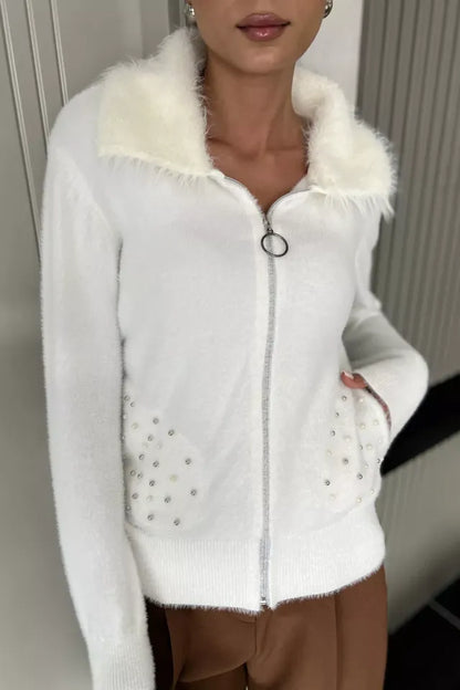 Cep Boncuklu Şardonlu Triko Ceket