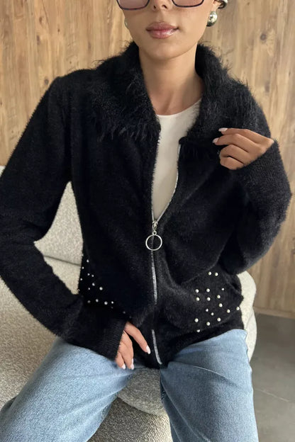 Cep Boncuklu Şardonlu Triko Ceket