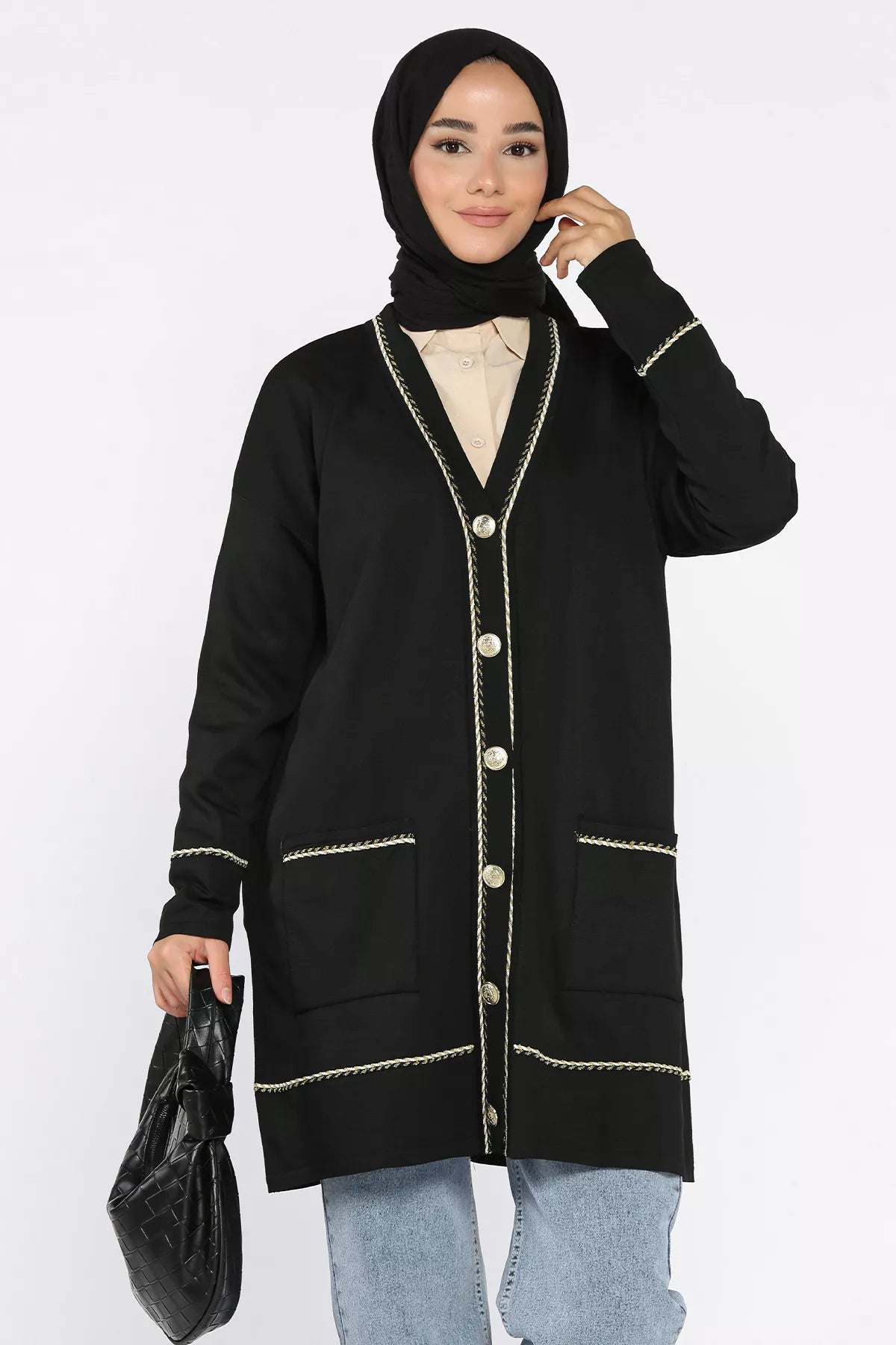 Cepli Düğme Detaylı Tesettür Triko Hırka