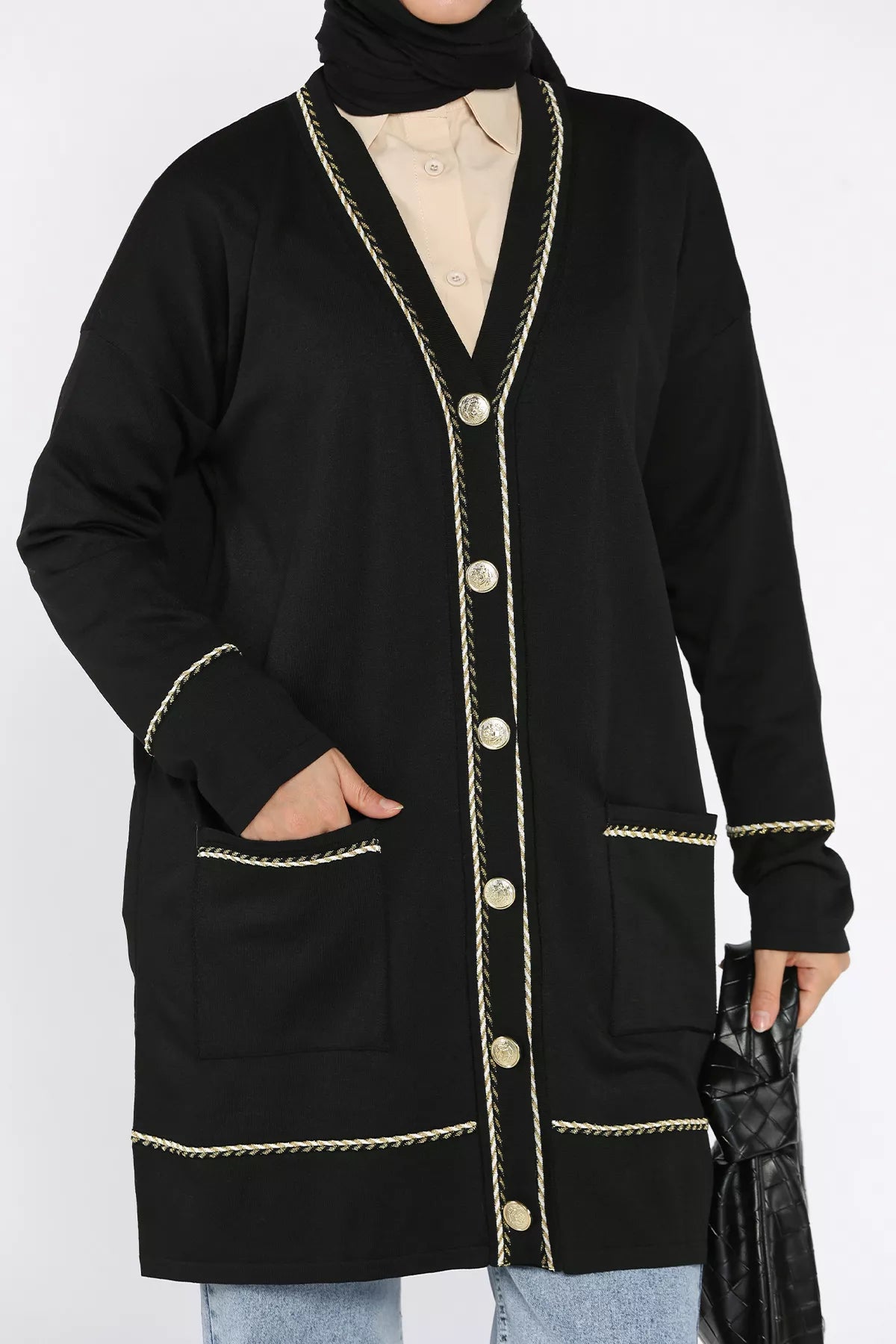 Cepli Düğme Detaylı Tesettür Triko Hırka