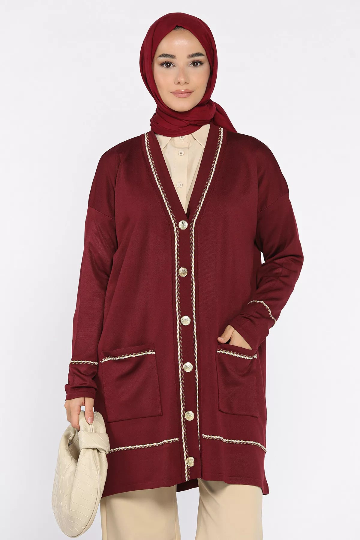 Cepli Düğme Detaylı Tesettür Triko Hırka